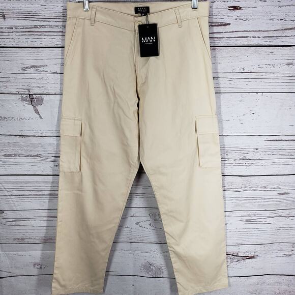 Boohoo Man Relaxed Fit Cargo Chino Trousers Stone Color Pants Size 34R - Picture 1 of 12